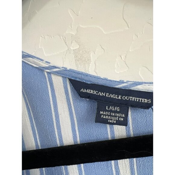 American Eagle Outfitters Blue and White Striped Viscose Flare Sleeve Tie Waist - Picture 3 of 7